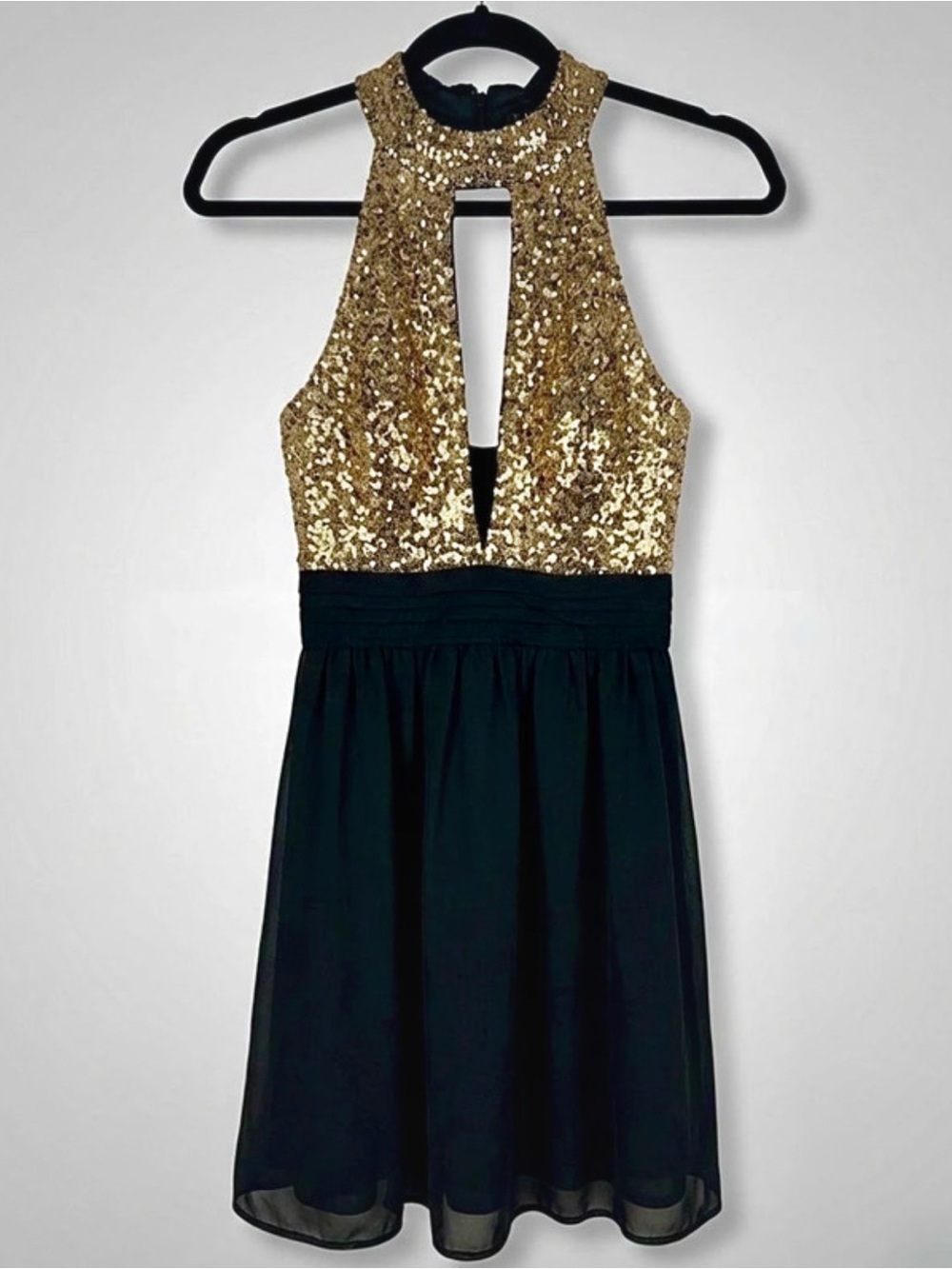 RICKETY RACK #53 Gold Sequin Halter Neck Black Chiffon Party Dress MEDIUM